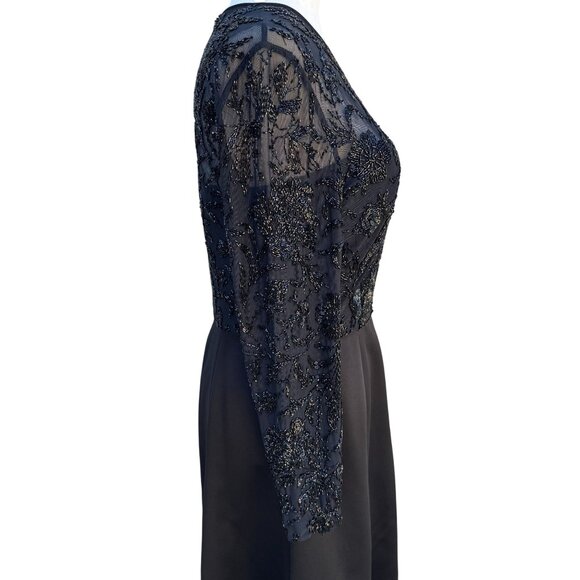 Oleg Cassini Black Tie Vintage Black‎ Beaded Evening Gown Sheer Floral Dress - Picture 9 of 14